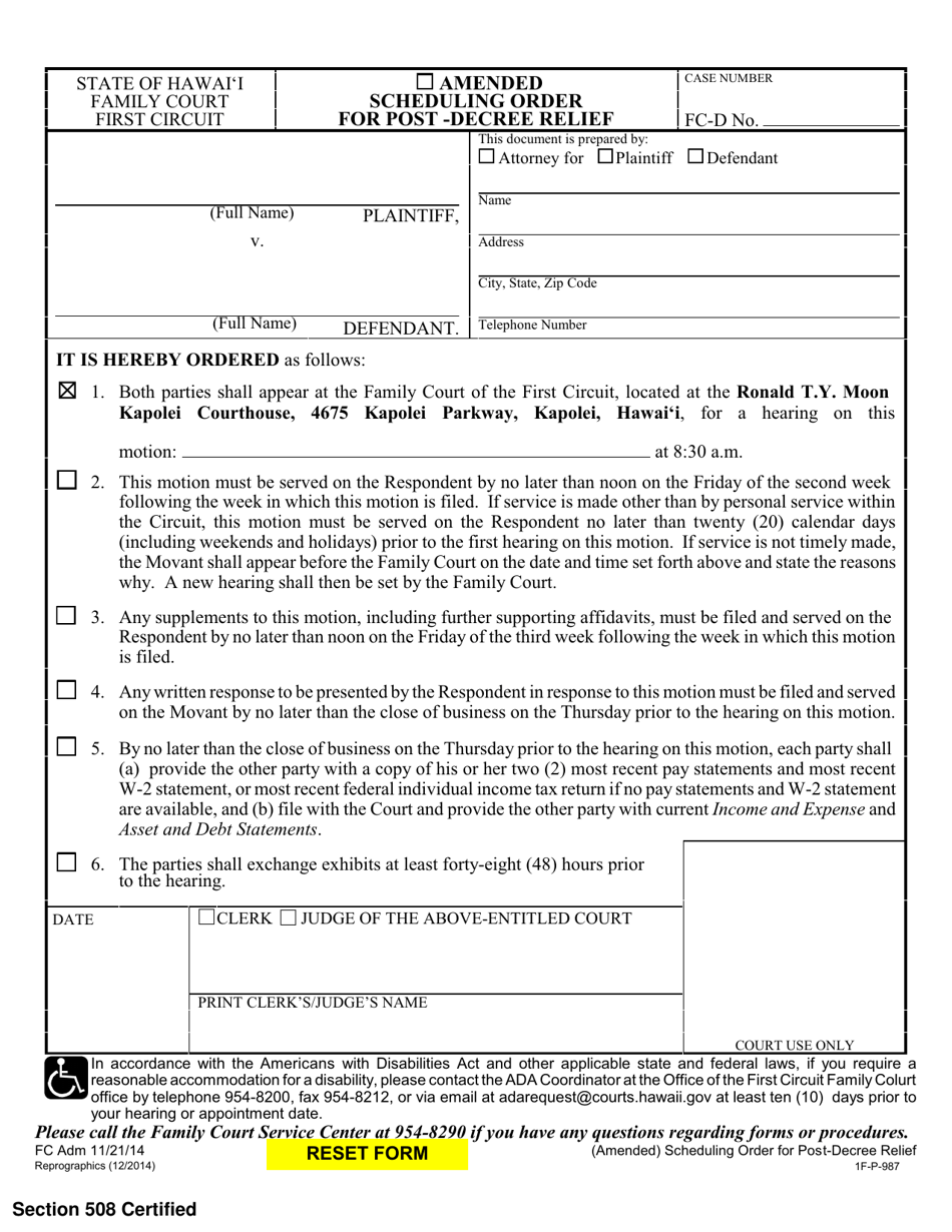 Form 1F-P-987 Scheduling Order for Post-decree Relief - Hawaii, Page 1