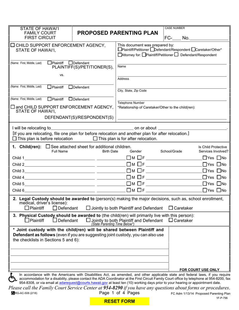 Form 1F-P-796 Download Fillable PDF or Fill Online Proposed Parenting ...
