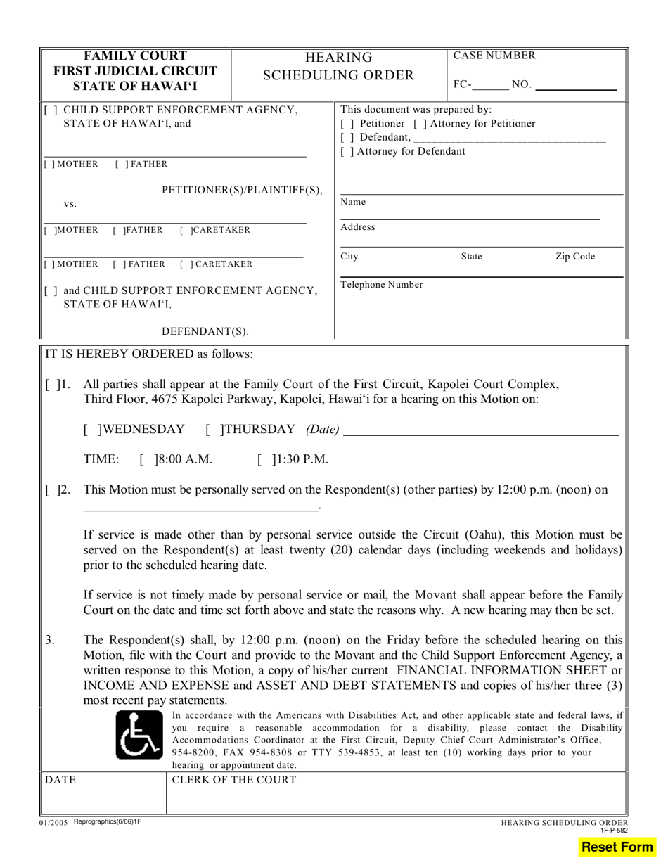 Form 1F-P-582 Hearing Scheduling Order - Hawaii, Page 1