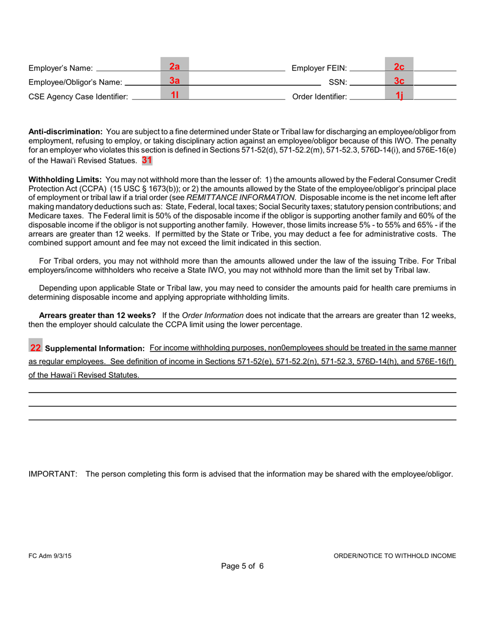 Instructions for Form 1F-P-1098 Order / Notice to Withhold Income for Support - Hawaii, Page 12
