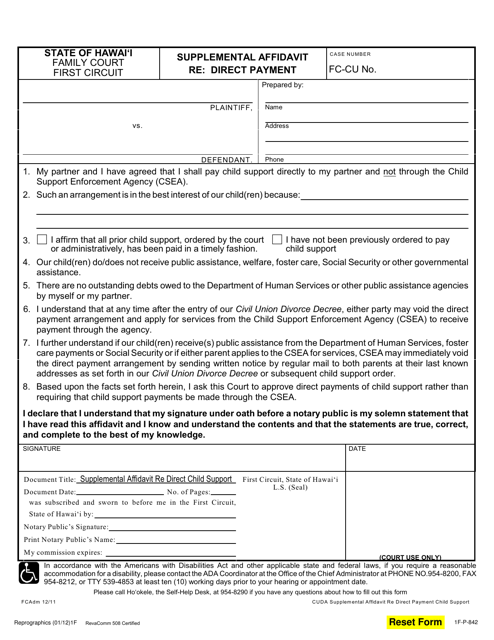 Form 1F-P-842 Supplemental Affidavit Request for Direct Payment of Child Support - Hawaii