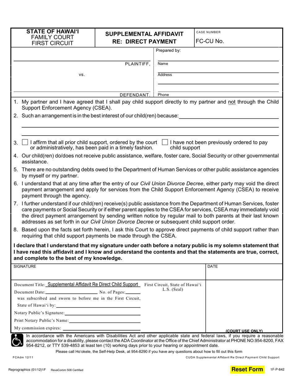 Form 1F-P-842 Supplemental Affidavit Request for Direct Payment of Child Support - Hawaii, Page 1