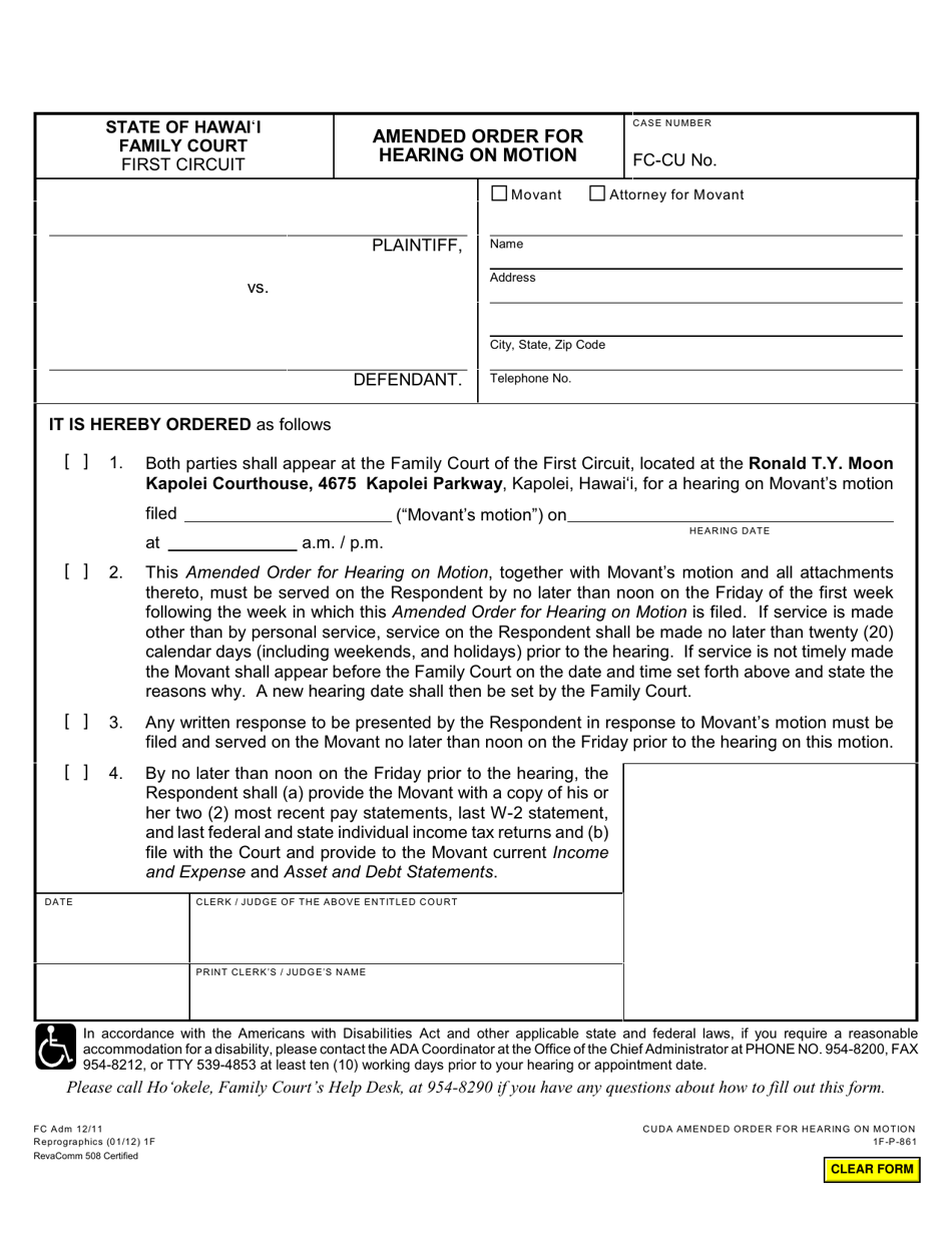 Form 1F-P-861 Amended Order for Hearing of Motion - Hawaii, Page 1
