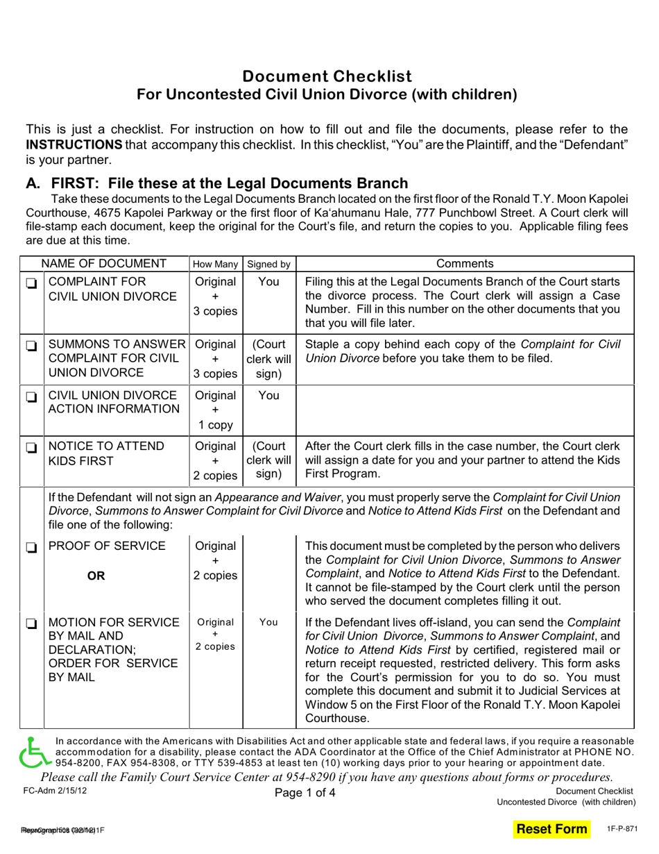 Form 1F-P-871 Document Checklist - Hawaii, Page 1