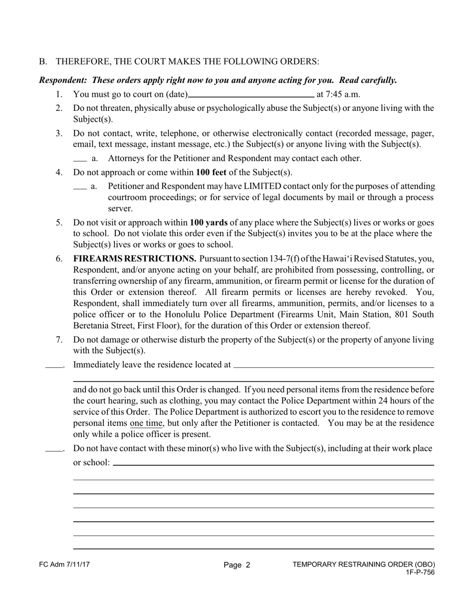 Form 1F-P-756 Temporary Restraining Order - Hawaii, Page 2