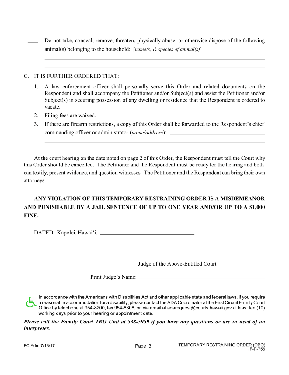 Form 1F-P-756 Temporary Restraining Order - Hawaii, Page 3