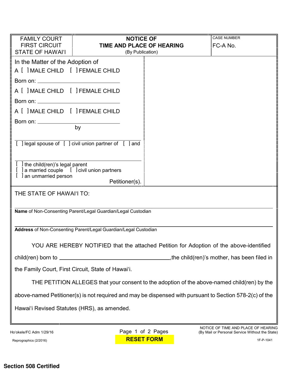 Form 1F-P-1041 Notice of Time and Place of Hearing (By Publication) - Hawaii, Page 1