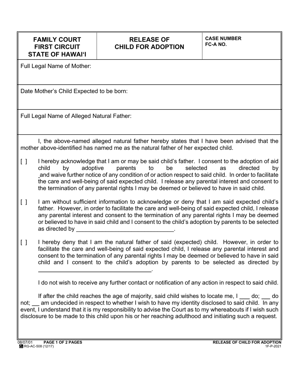 Form 1F-P-2021 Release of Child for Adoption - Hawaii, Page 1