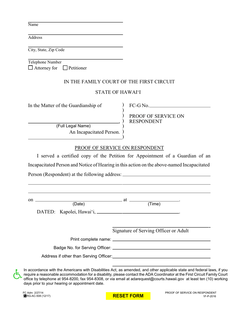 Form 1F-P-2016 Proof of Service on Respondent - Hawaii, Page 1