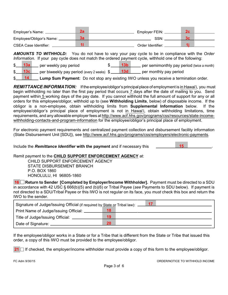 Instructions for Form 1F-P-888 Order / Notice to Withhold Income for Support - Hawaii, Page 10