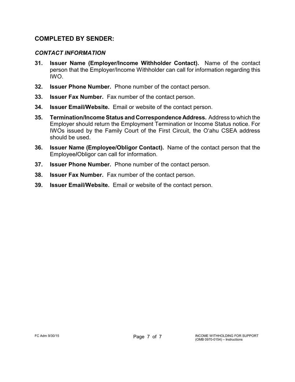 Instructions for Form 1F-P-888 Order / Notice to Withhold Income for Support - Hawaii, Page 7