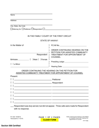 Document preview: Form 1F-P-1062 Order Continuing Hearing on the Petition for Assisted Community Treatment for Appointment of Counsel - Hawaii