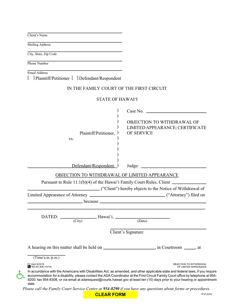 Form 1F-P-2070 Objection to Withdrawal of Limited Appearance; Certificate of Service - Hawaii, Page 1