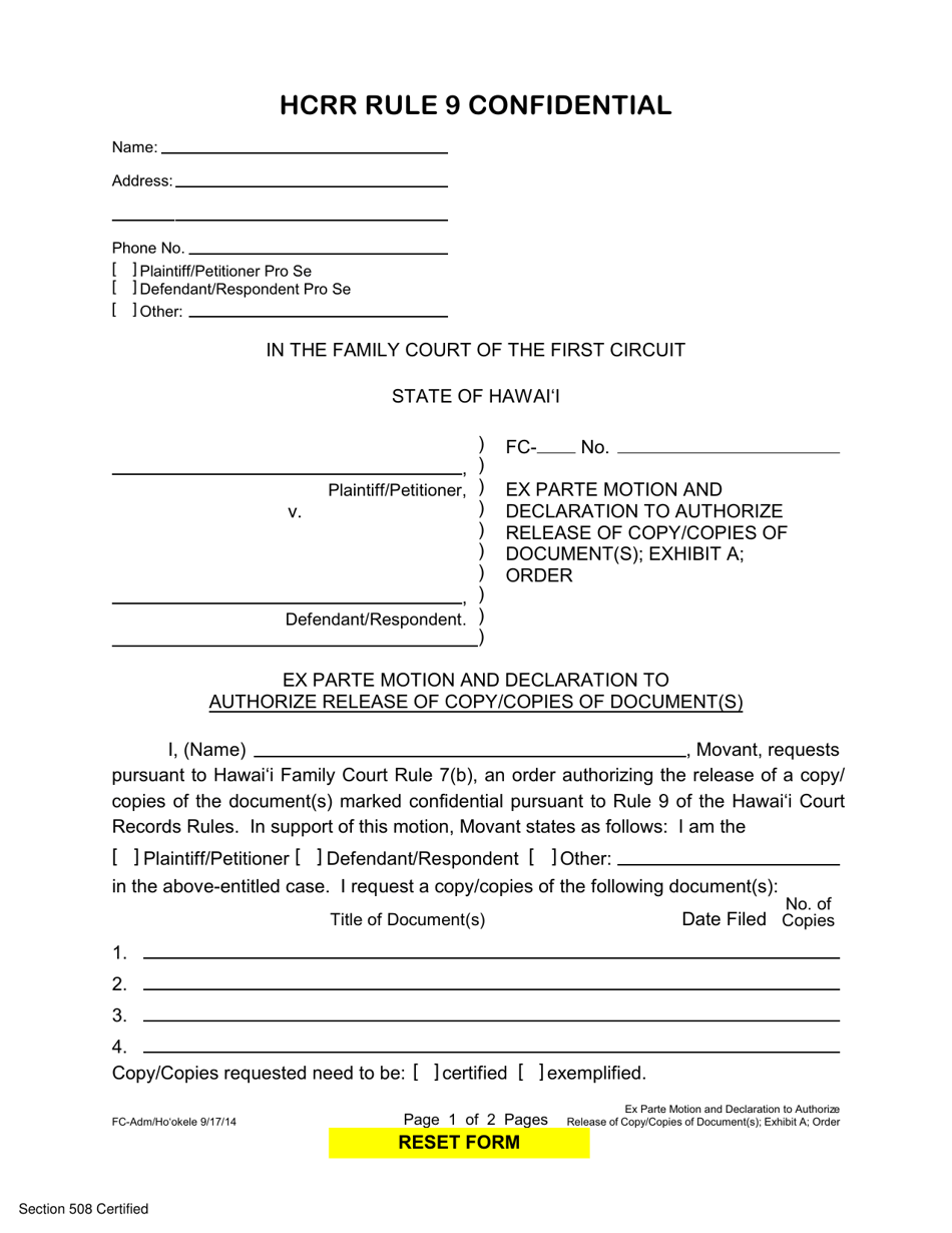 Form 1F-P-982 Request for Authorization to Release Copy of Document - Hawaii, Page 1