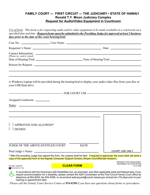 Form 1F-P-1046 Request for Courtroom Audio / Video Cd - Hawaii