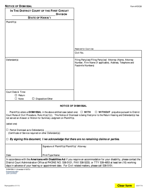 Form 1DC20 Notice of Dismissal - Hawaii