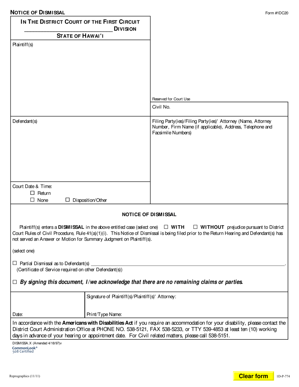 Form 1DC20 Notice of Dismissal - Hawaii, Page 1