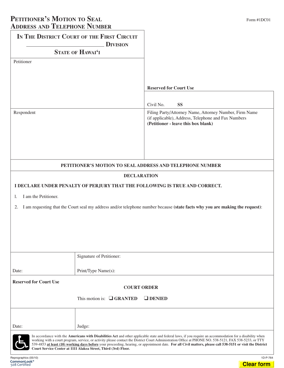 Form 1DC01 Petitioners Motion to Seal Address and Telephone Number - Hawaii, Page 1