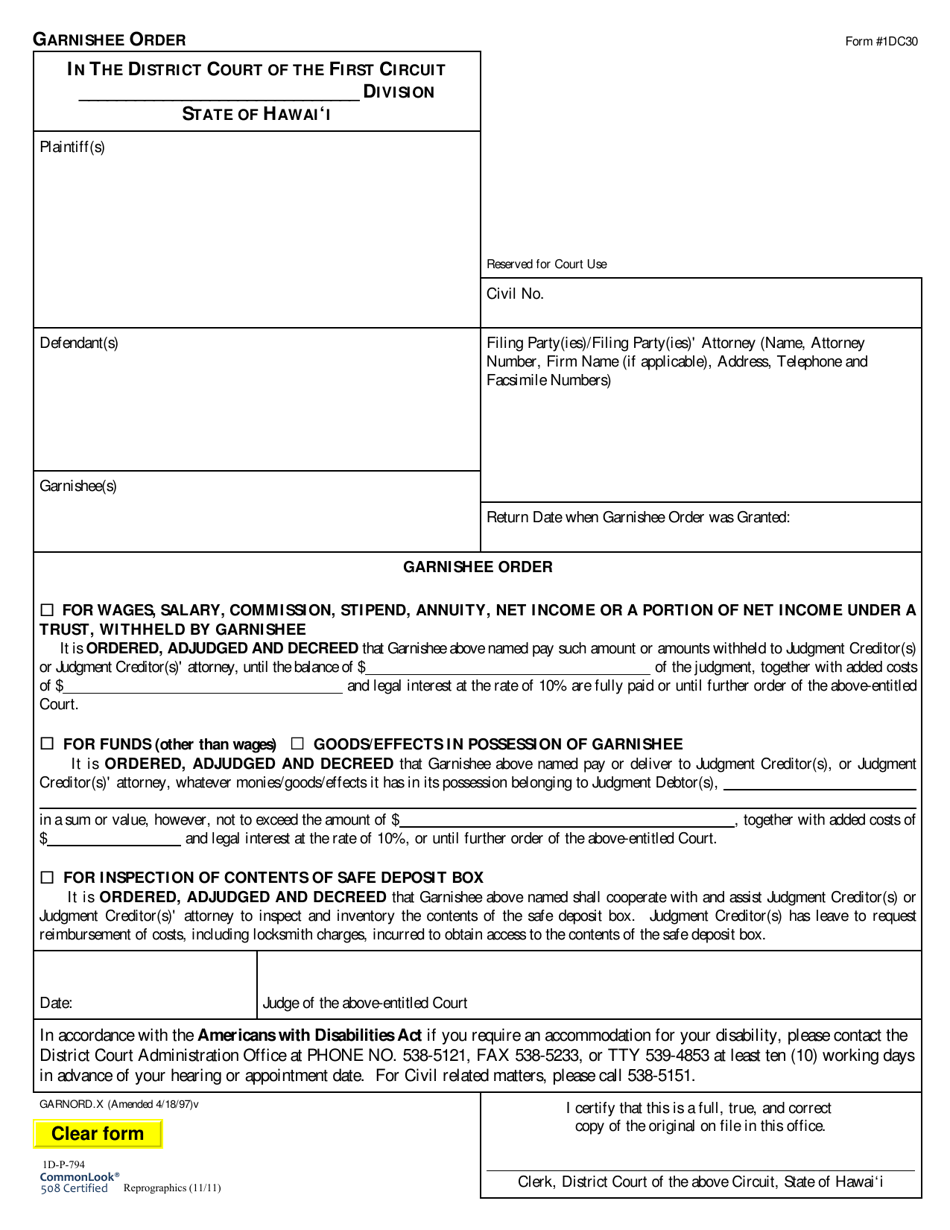Form 1DC30 Garnishee Order - Hawaii, Page 1