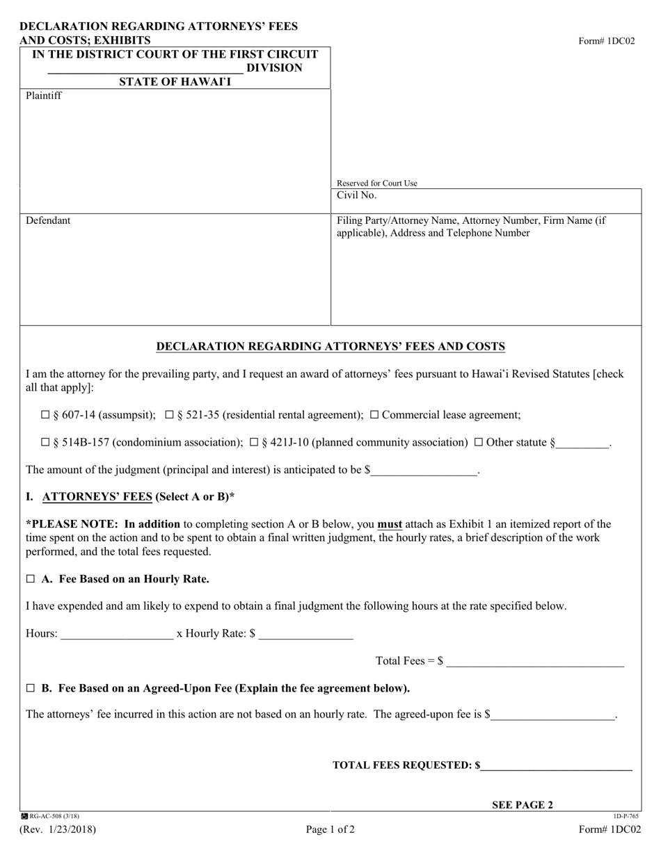 Form 1DC02 Declaration Regarding Attorneys Fees and Costs; Exhibits - Hawaii, Page 1