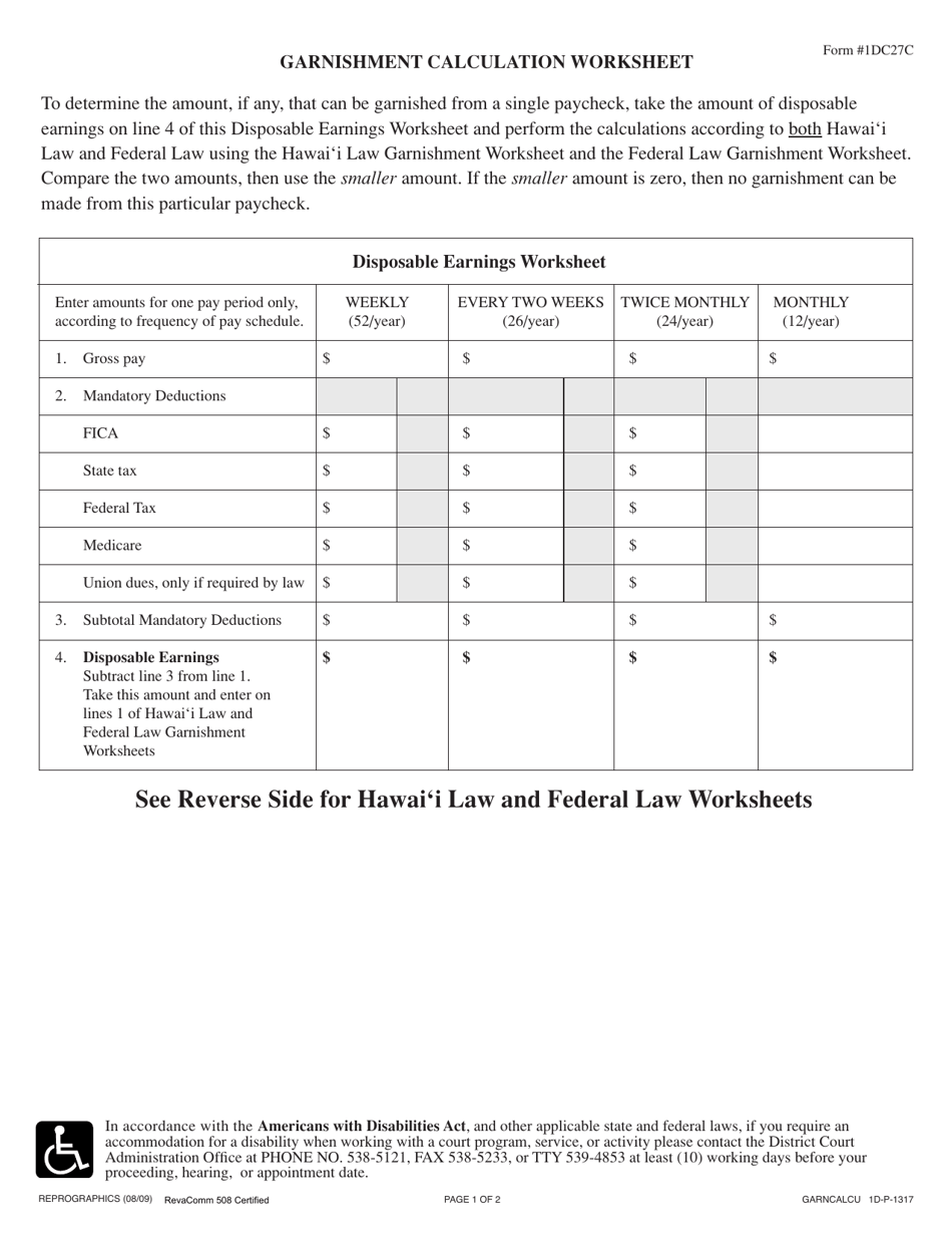 Form 1DC27C Garnishee Calculation Worksheet - Hawaii, Page 1