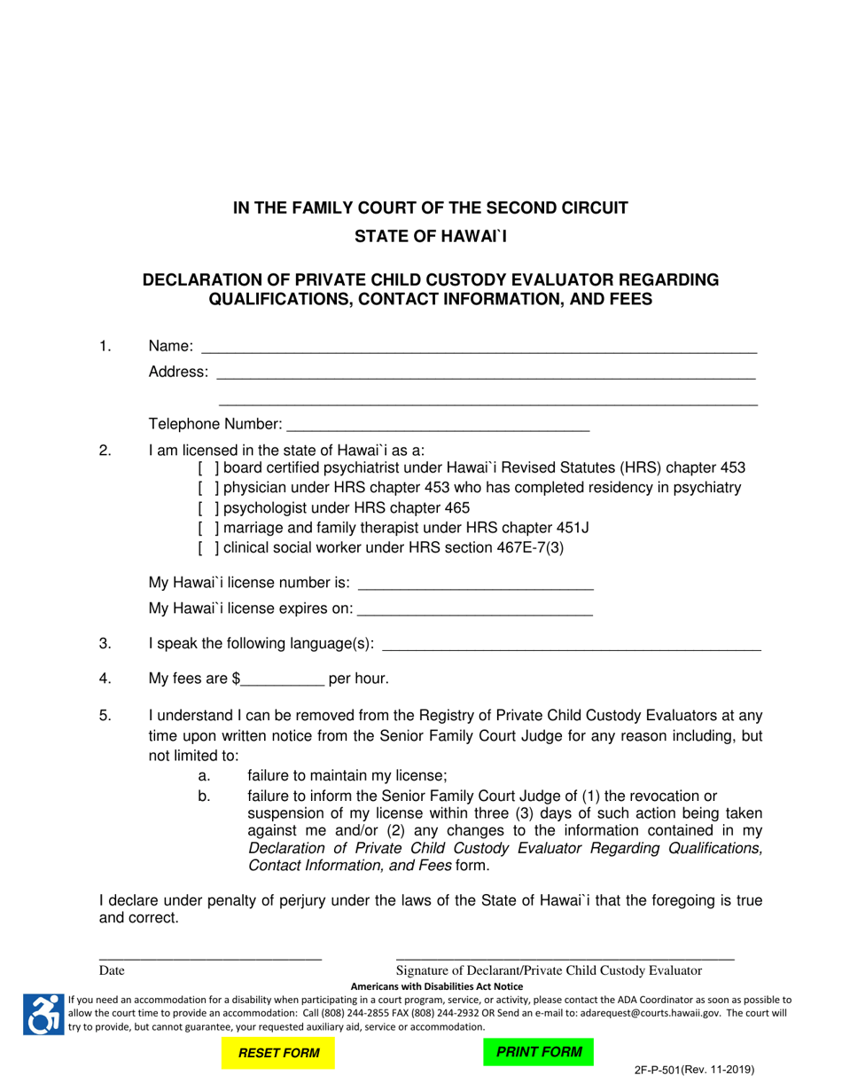 Form 2F-P-501 Declaration of Private Child Custody Evaluator Regarding Qualifications, Contact Information, and Fees - Hawaii, Page 1
