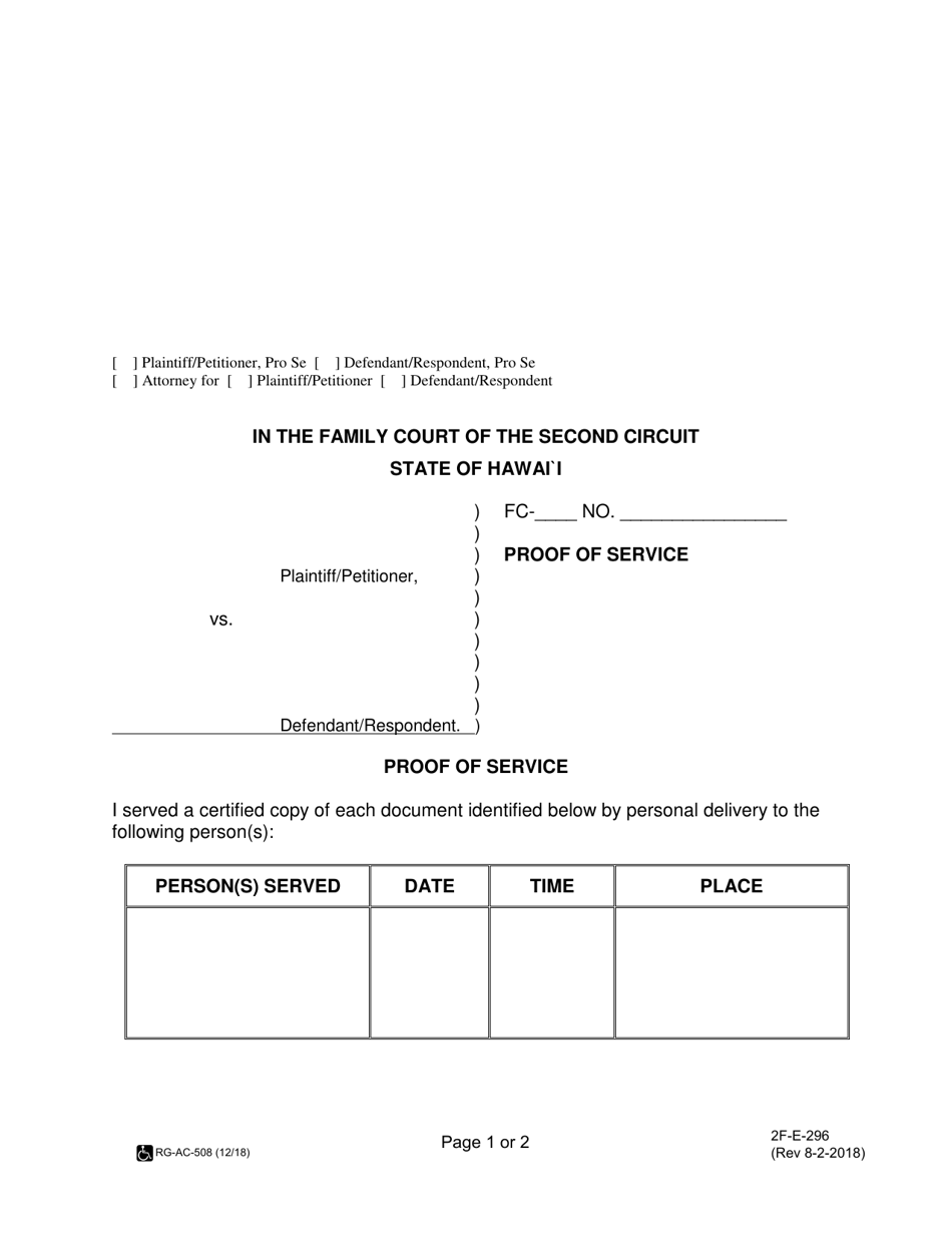 Form 2F-E-296 Proof of Service - Hawaii, Page 1