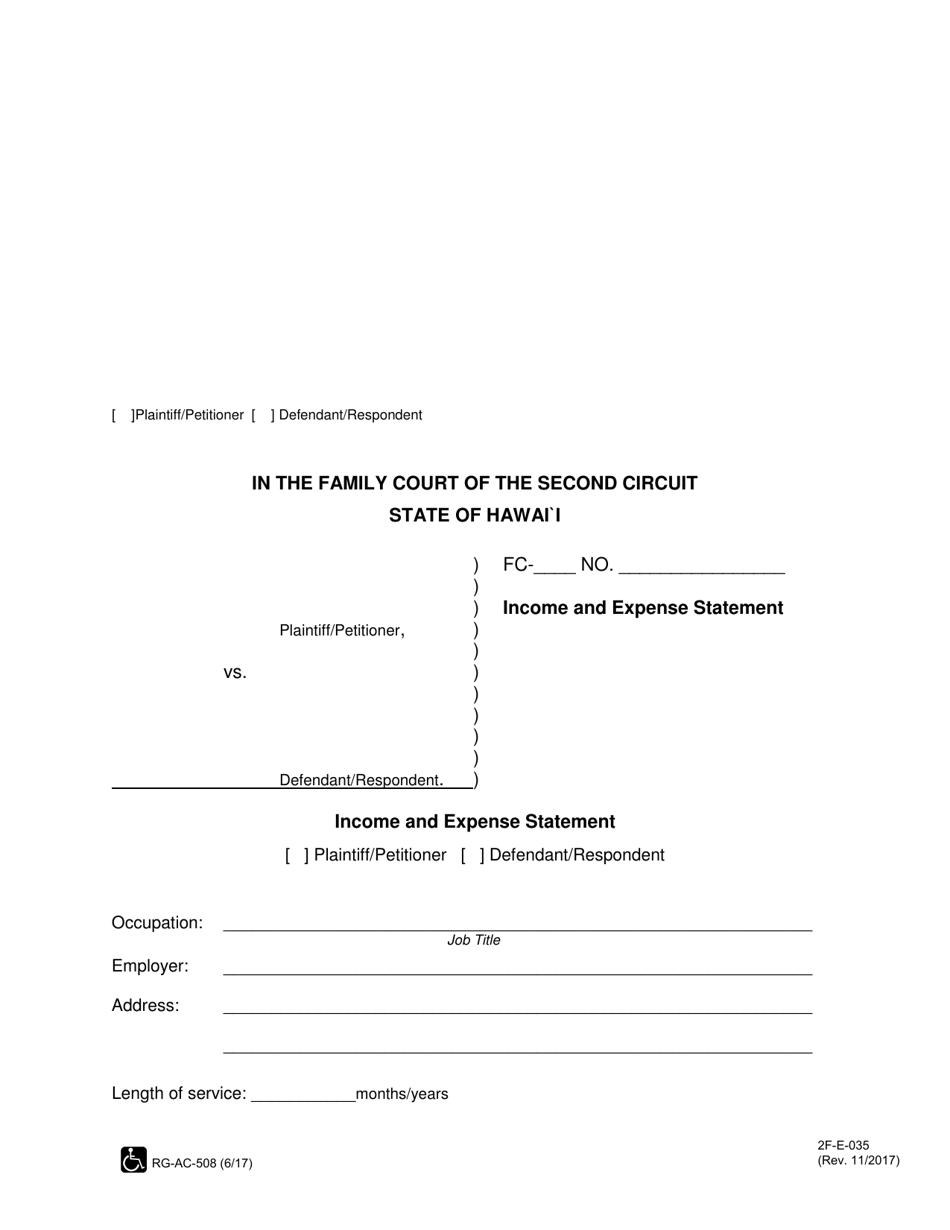 Form 2F-E-035 Income and Expense Statement (Plaintiff) - Hawaii, Page 1