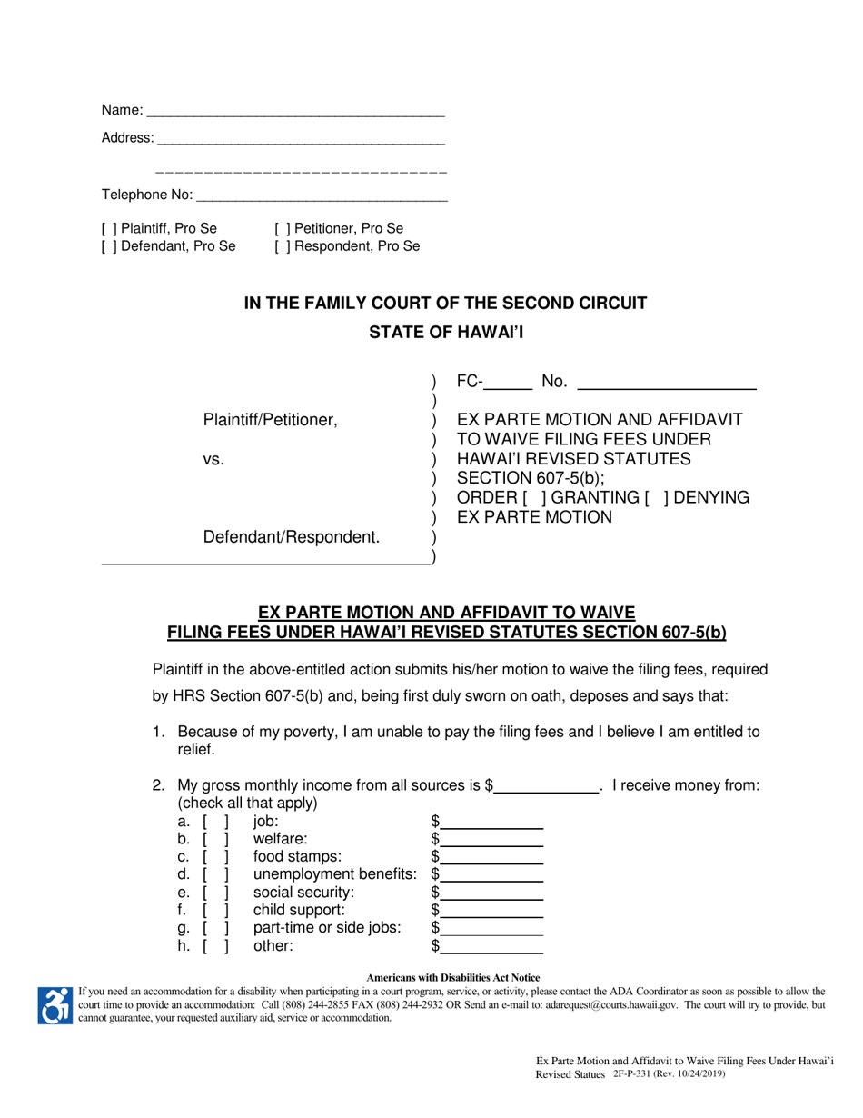 Form 2F-P-331 - Fill Out, Sign Online and Download Fillable PDF, Hawaii ...