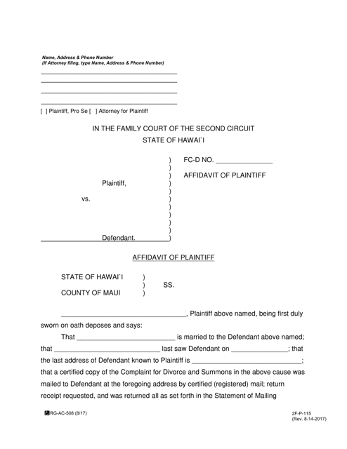 Form 2F-P-115 Affidavit of Plaintiff (For Service by Publication) - Hawaii
