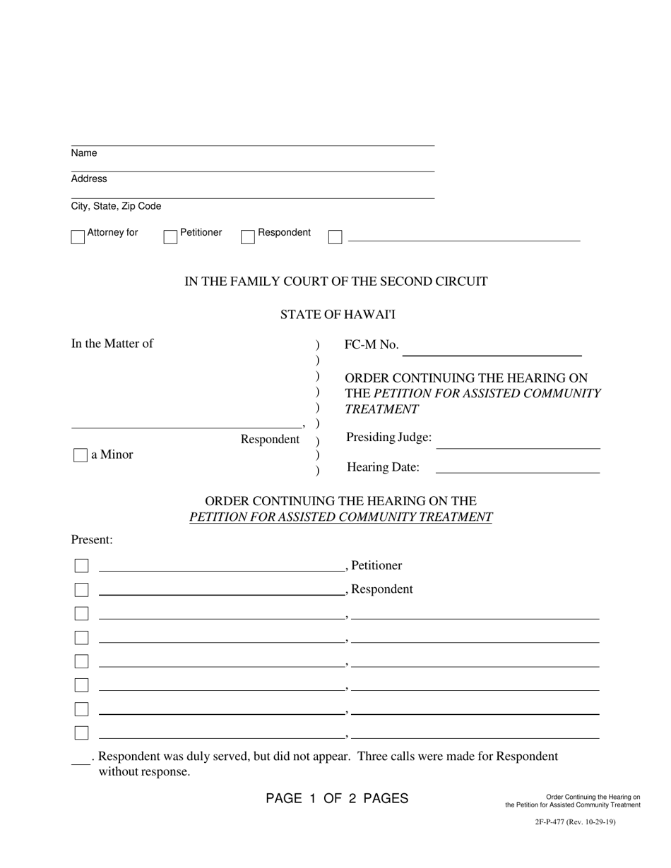 Form 2F-P-477 Order Continuing the Hearing on the Petition for Assisted Community Treatment - Hawaii, Page 1