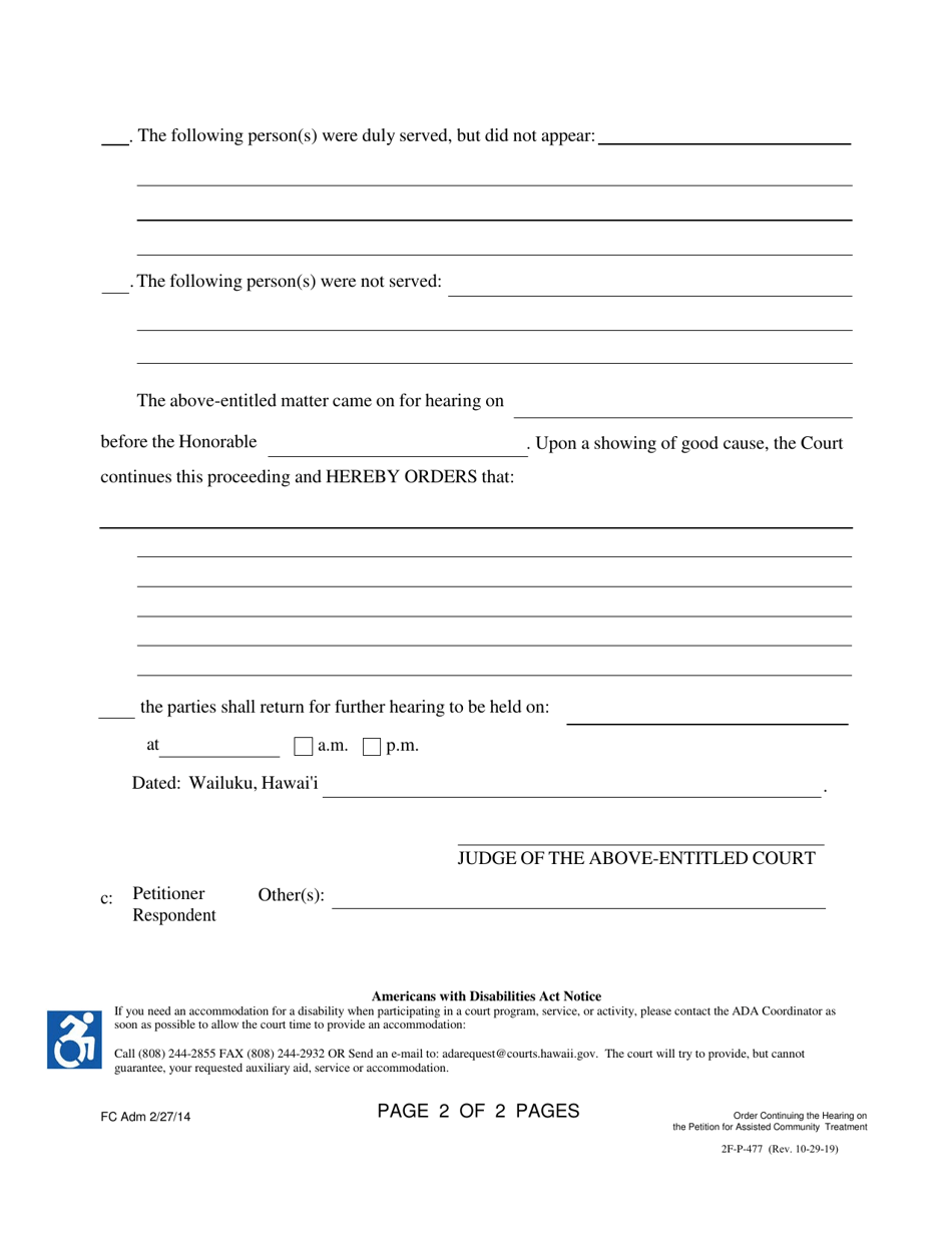 Form 2F-P-477 Order Continuing the Hearing on the Petition for Assisted Community Treatment - Hawaii, Page 2