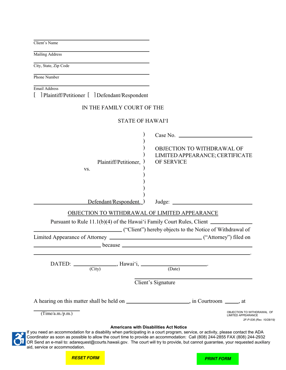 Form 2F-P-536 Objection to Withdrawal of Limited Appearance - Hawaii, Page 1