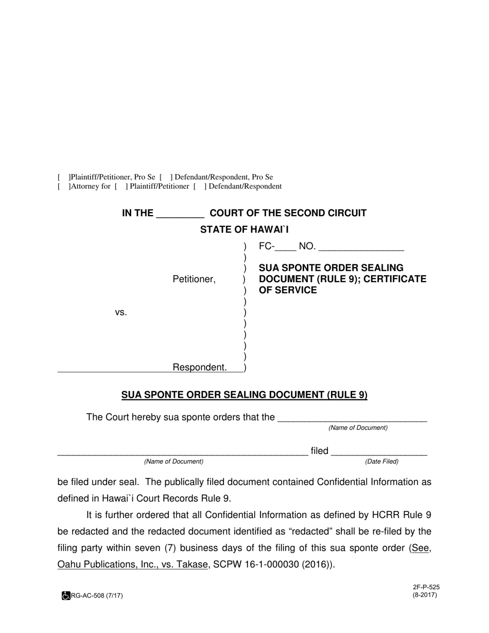 Form 2F-P-525 Sua Sponte Order Sealing Document (Rule 9) - Hawaii, Page 1