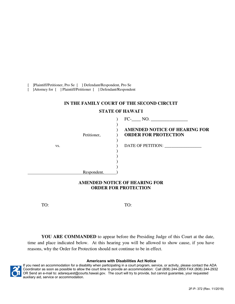 Form 2F-P-372 Amended Notice of Hearing for Order for Protection - Hawaii, Page 1