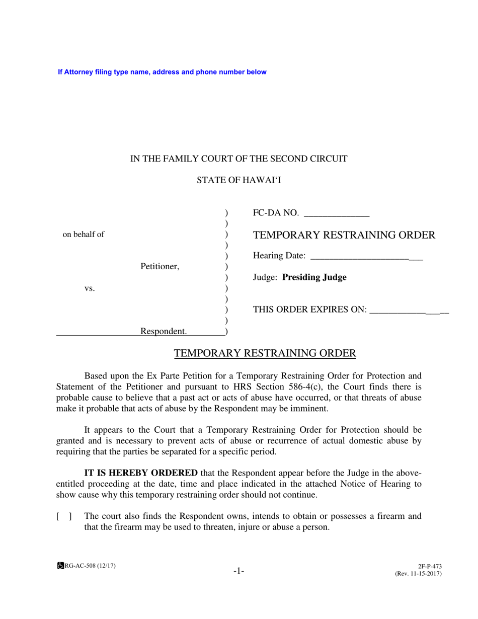 Form 2F-P-473 Temporary Restraining Order - Hawaii, Page 1