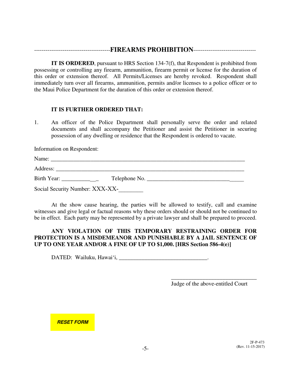 Form 2F-P-473 Temporary Restraining Order - Hawaii, Page 5