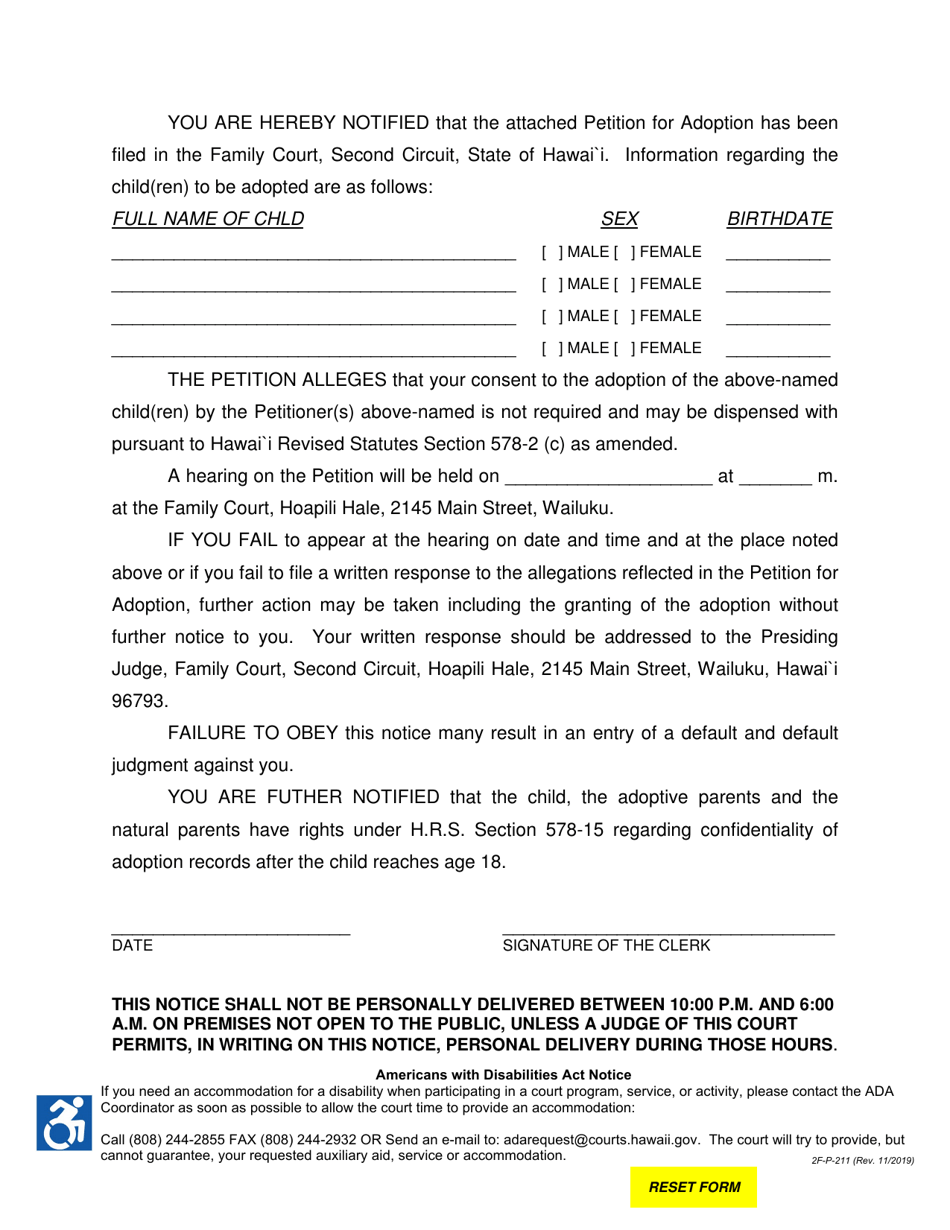 Form 2F-P-211 Notice of Hearing by Mail or Personal Service Without the State - Hawaii, Page 2