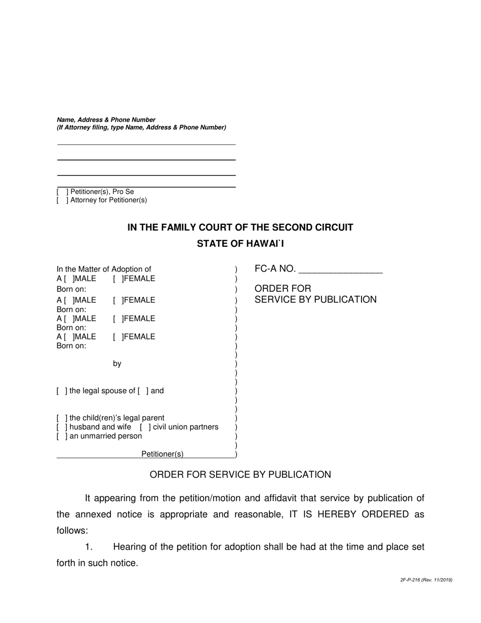Form 2F-P-216 Order for Service by Publication and Mailing of Notice - Hawaii, Page 1