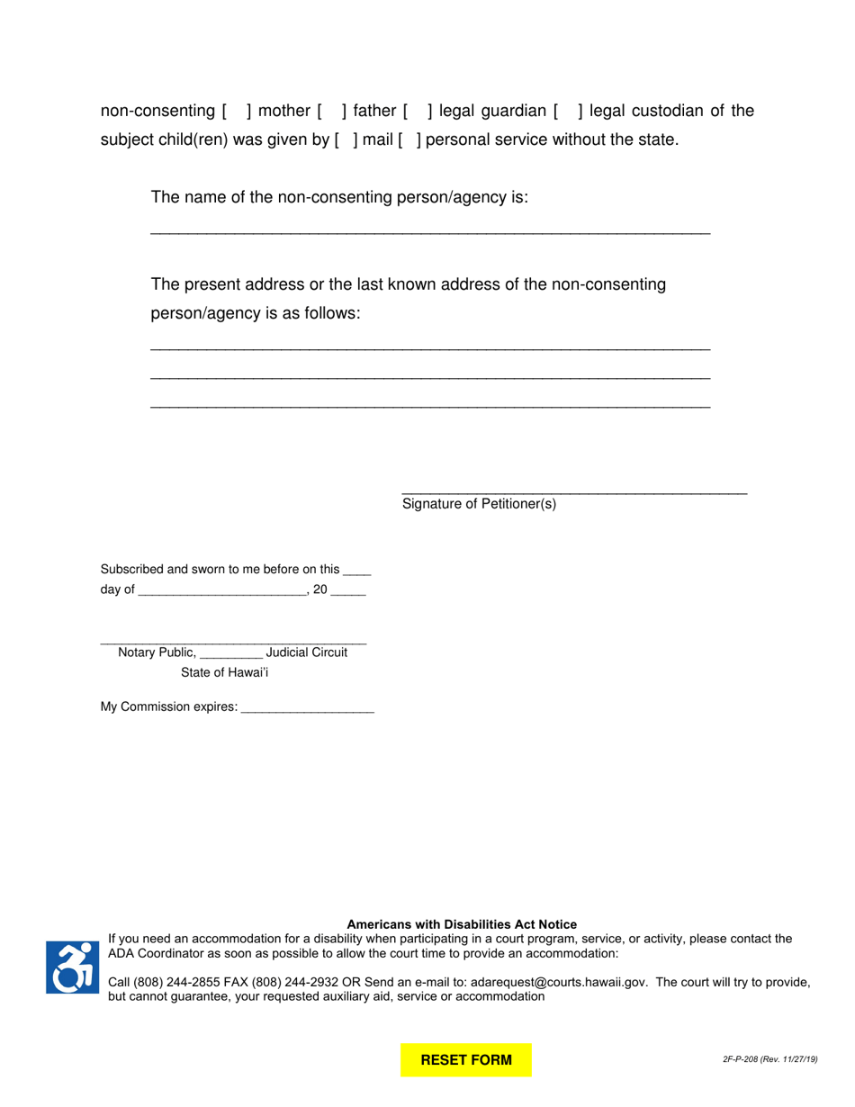 Form 2F-P-208 Supporting Affidavit (For Service by Mail or Personal Service Without the State) - Hawaii, Page 2