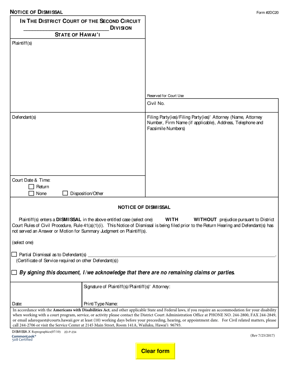 Form 2DC20 Notice of Dismissal - Hawaii, Page 1