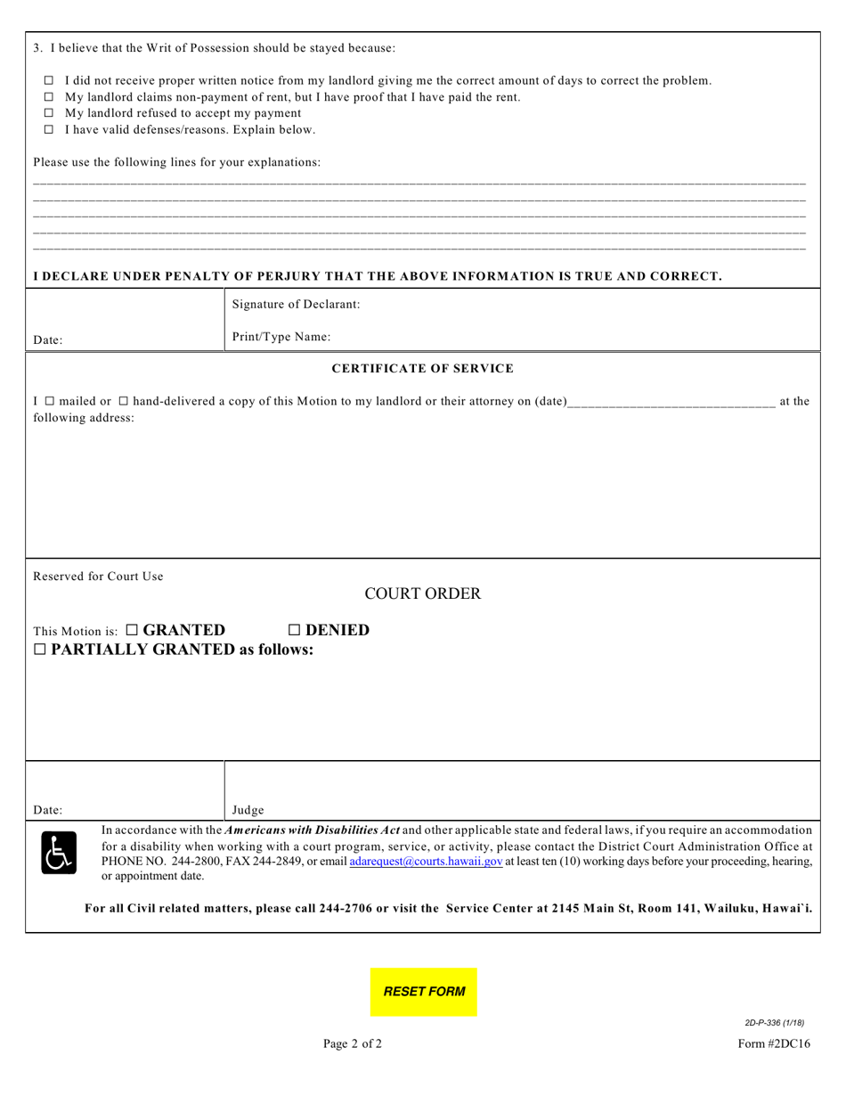 Form 2DC16 Ex Parte Motion to Stay Execution of Writ of Possession, Declaration, Order - Hawaii, Page 2