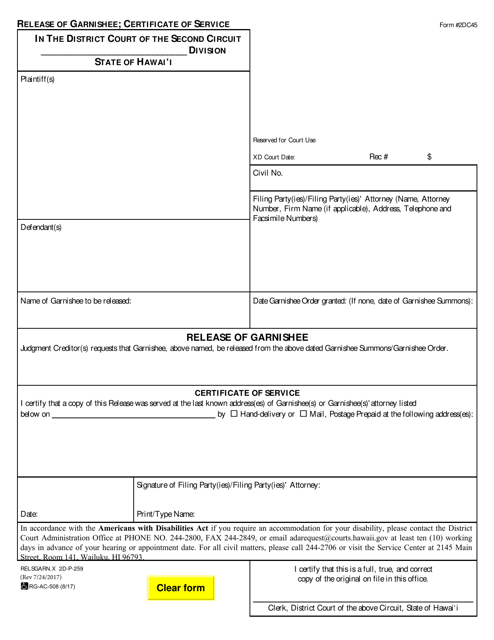 Form 2DC45 Release of Garnishee; Certificate of Service - Hawaii
