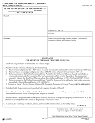 Form 3DC10 Complaint for Return of Personal Property (Replevin); Summons - Hawaii