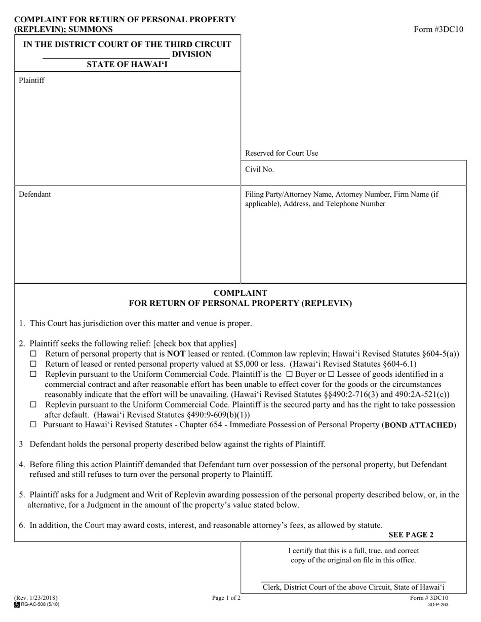 Form 3DC10 Complaint for Return of Personal Property (Replevin); Summons - Hawaii, Page 1