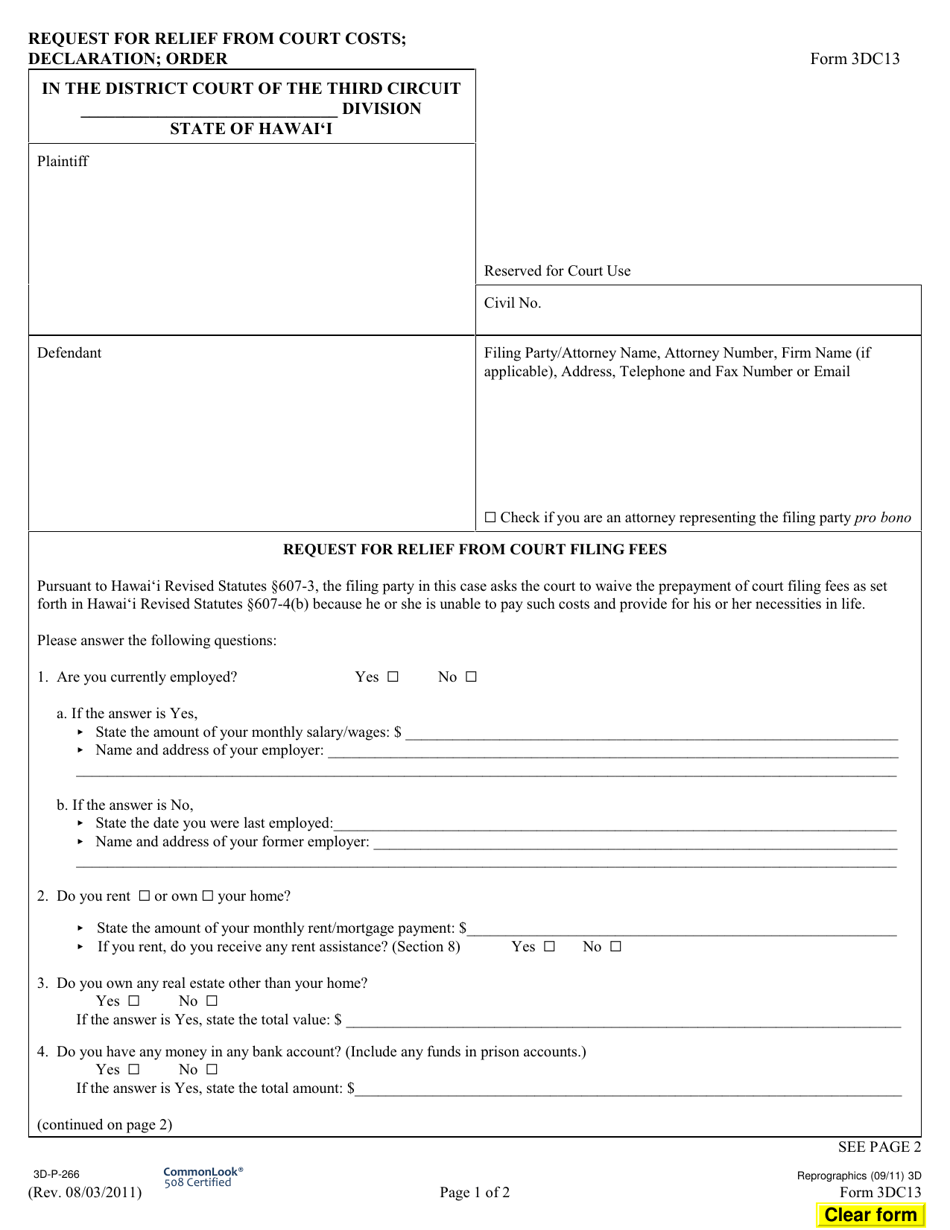 Form 3DC13 Ex Parte Application for Relief From Costs; Declaration; Order - Hawaii, Page 1
