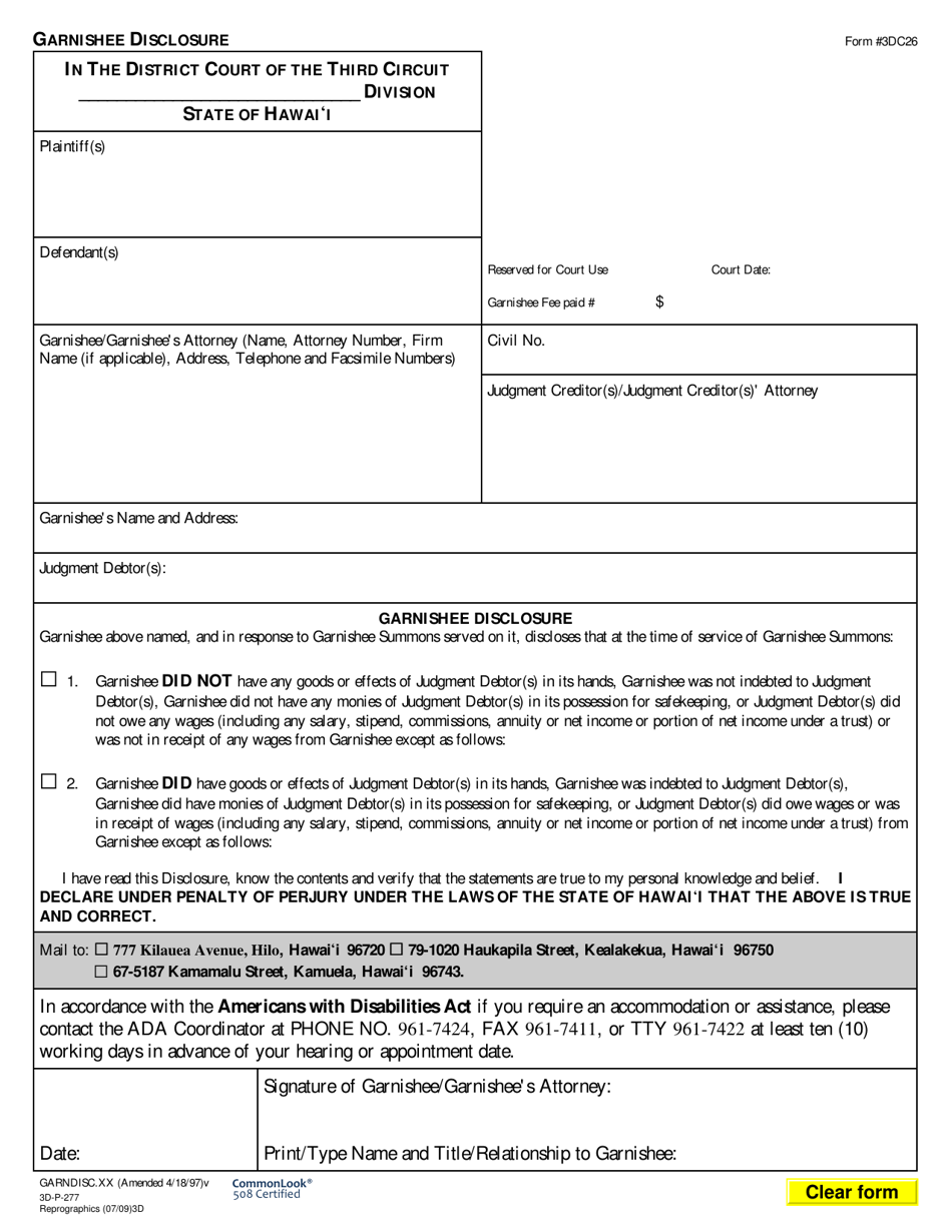 Form 3DC26 Garnishee Disclosure - Hawaii, Page 1