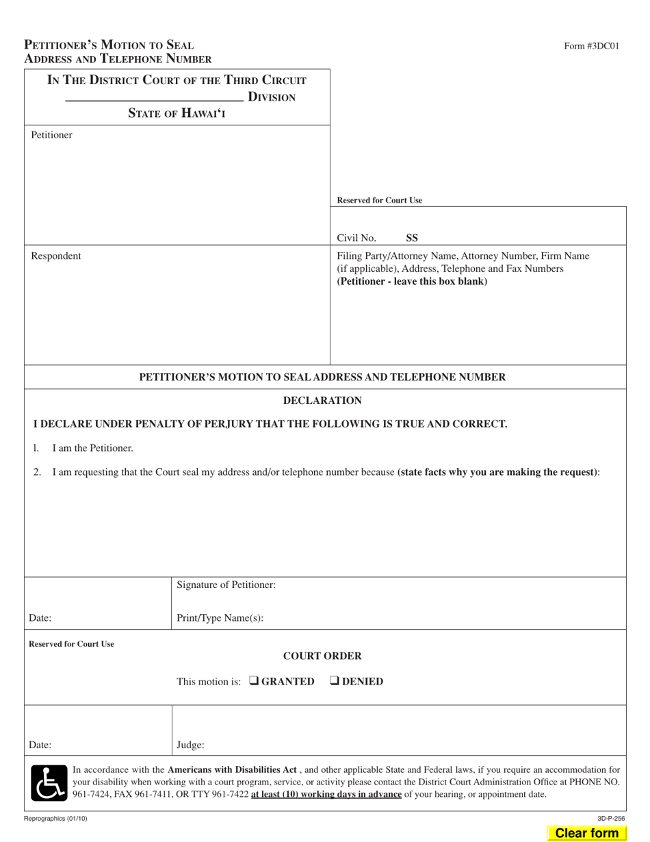 Form 3DC01 Petitioners Motion to Seal Address and Telephone Number - Hawaii, Page 1