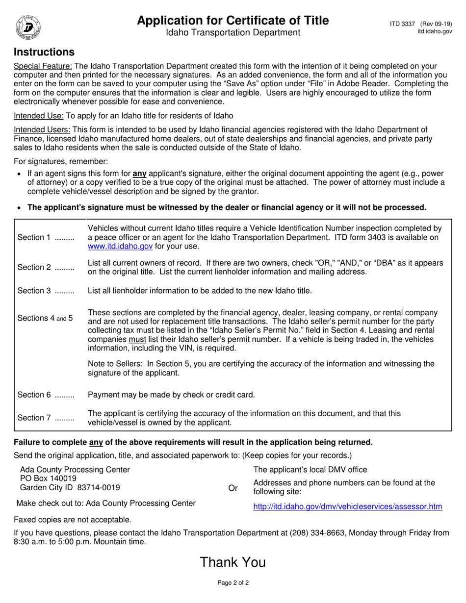 Form ITD3337 Application for Certificate of Title - Idaho, Page 2