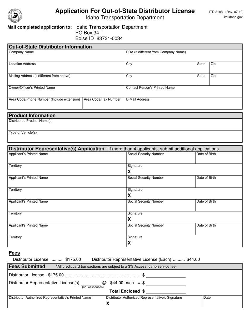 Form ITD3188 Application for Out-of-State Distributor License - Idaho, Page 1